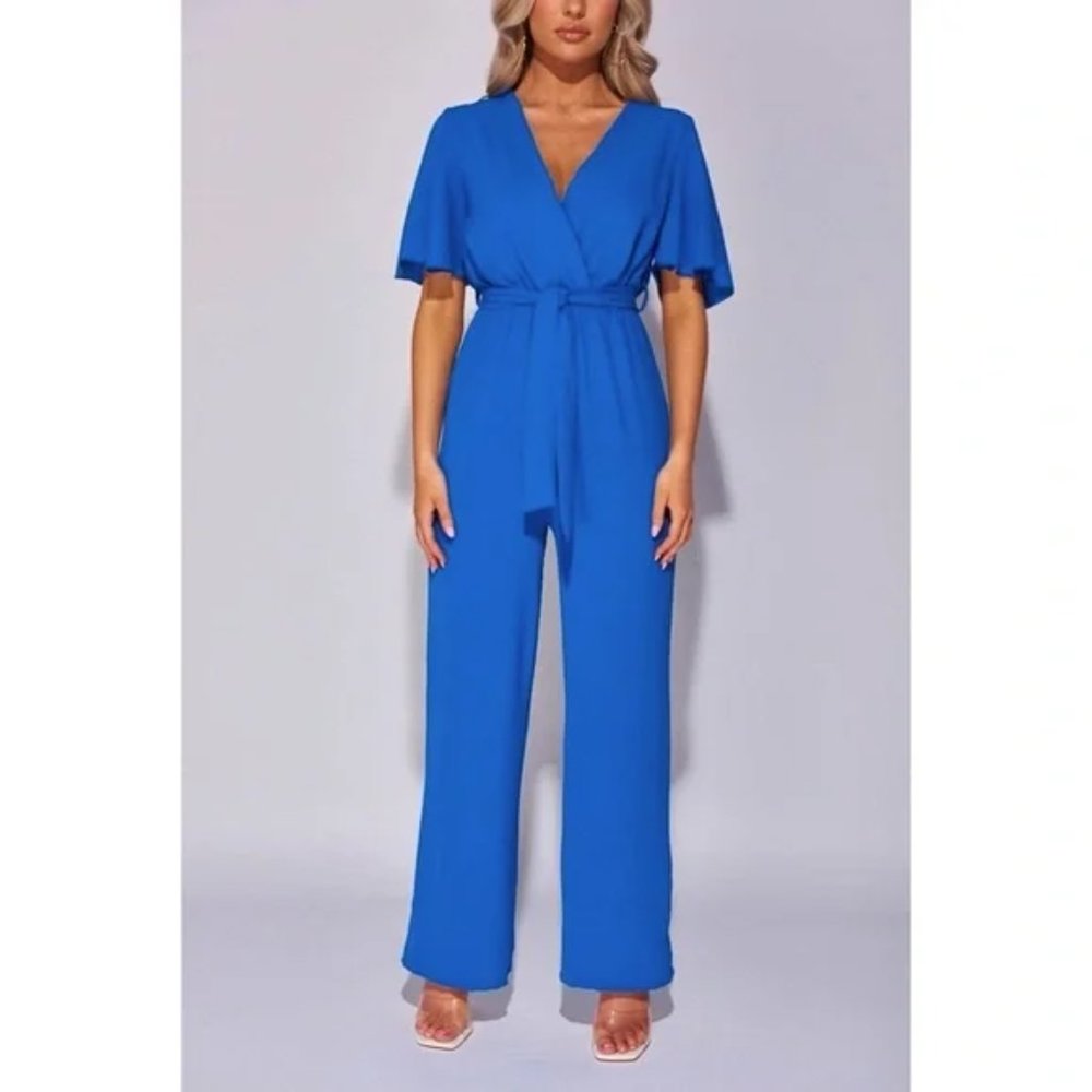 Blue Short Sleeve V-Neck Loose Fit Wide Leg Jumpsuit Playsuit - Picture 7 of 8